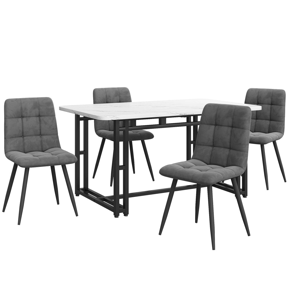 Set da pranzo con tavolo 140x80 cm e 4 sedie in velluto grigio scuro con gambe in ferro nero