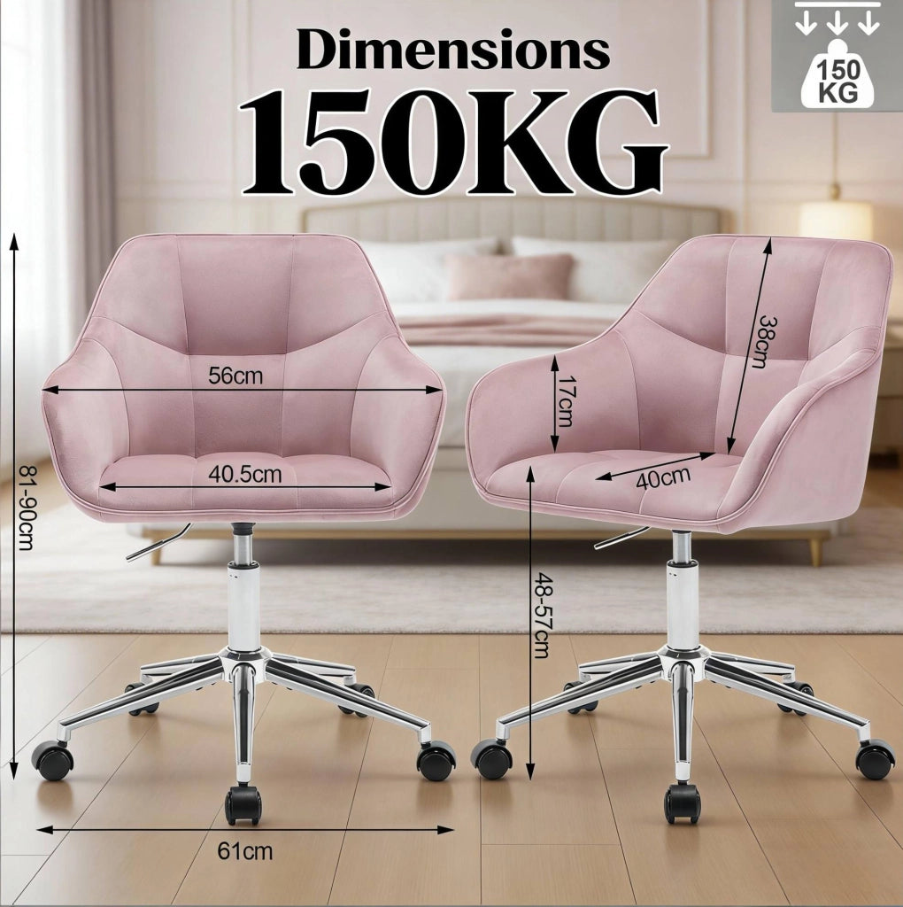 Sedia da ufficio ergonomica in velluto rosa, regolabile e girevole