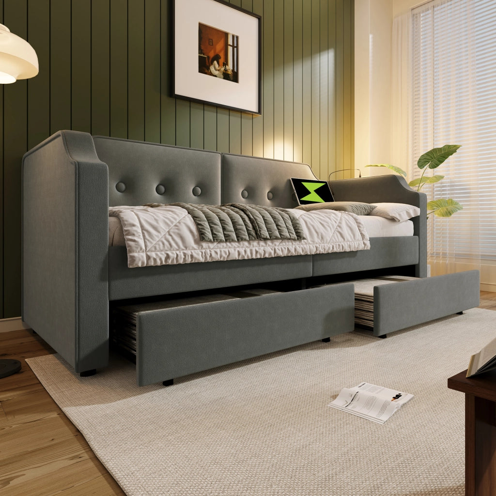 Letto Imbottito Singolo con Cassetti ¨C MINIMAL ¨C Velluto Grigio, Rete a Doghe, 90x200