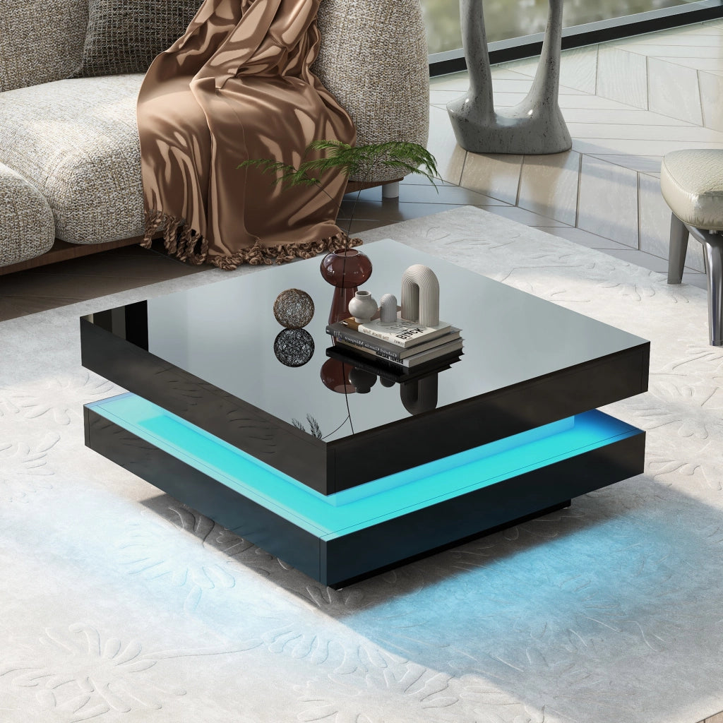 Desviae Tavolino basso quadrato con LED controllati tramite app Bluetooth in pannello truciolare nero 70 × 70 × 36 cm