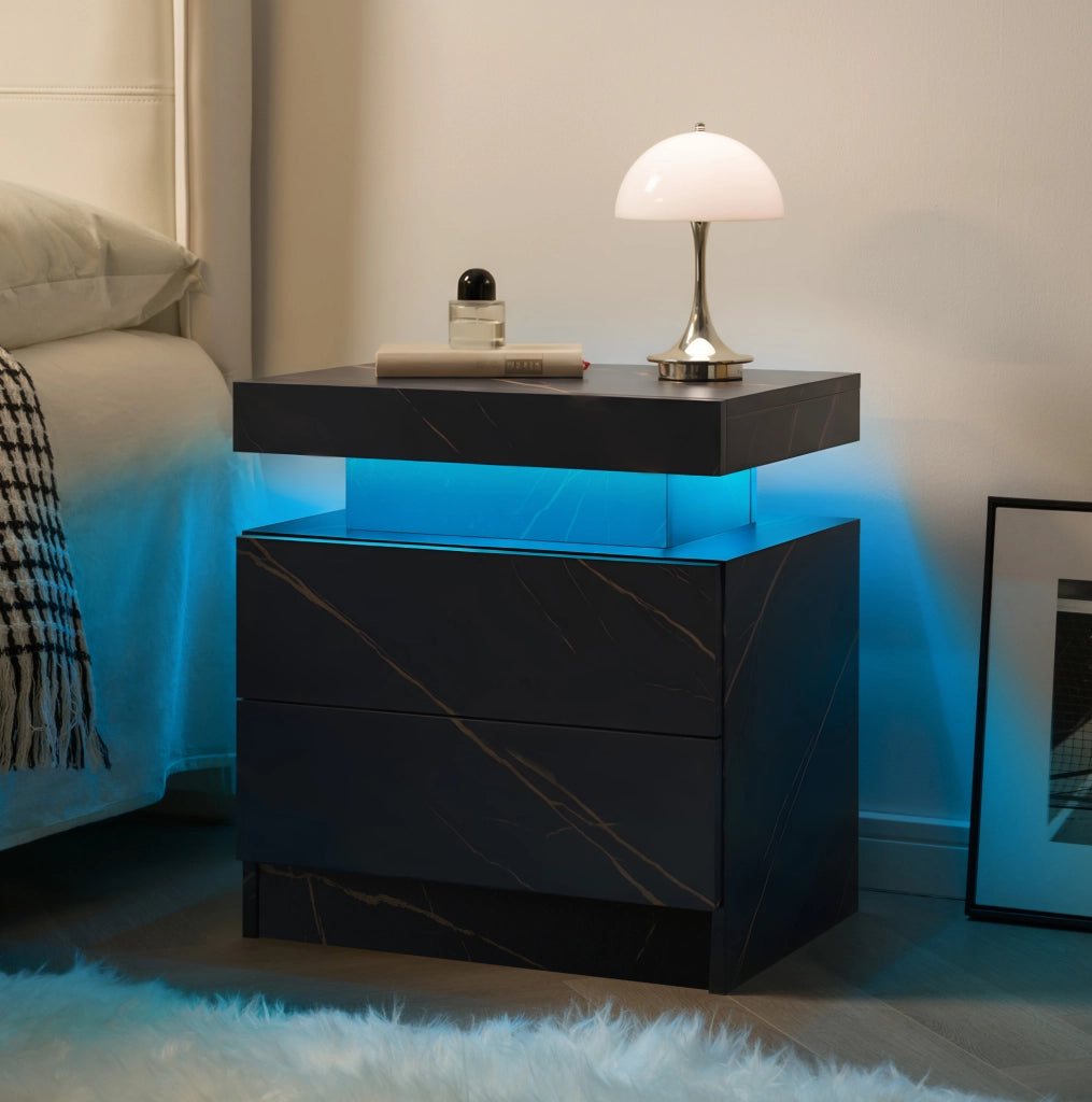 Comodino LED nero e oro con 2 cassetti