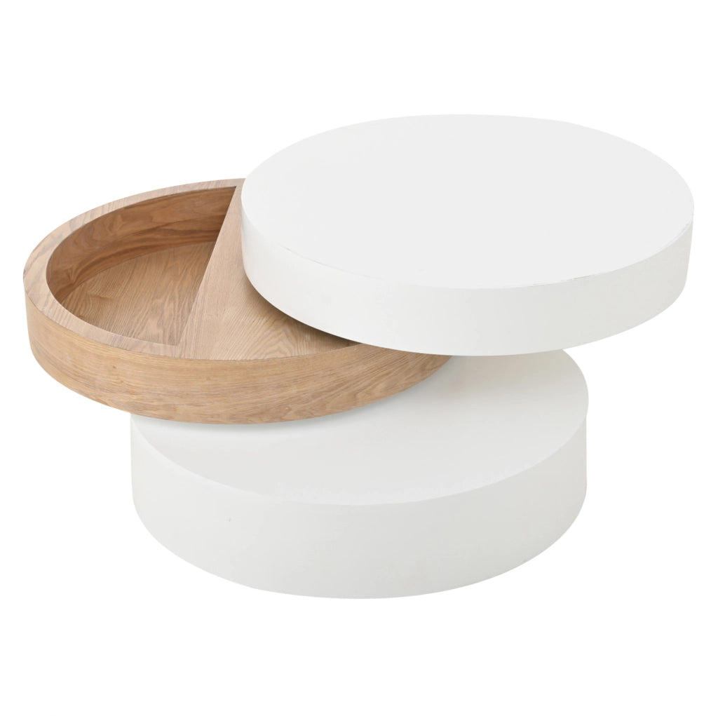 Tavolino da salotto rotondo girevole 360° 60x60 cm con vano contenitore bianco e legno naturale HOMVRA