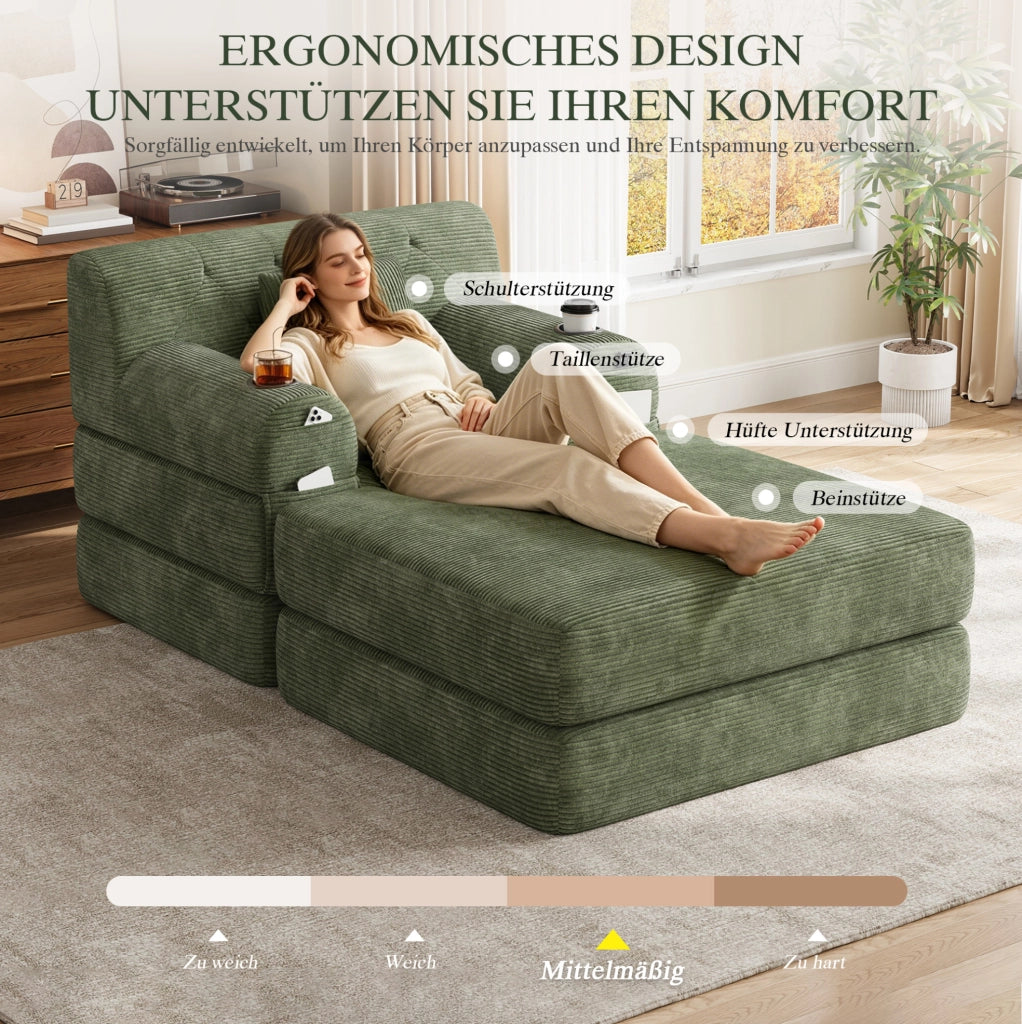 DIVANO LETTO 107x162x81 cm in Velluto a Coste Verde con Schienale Alto