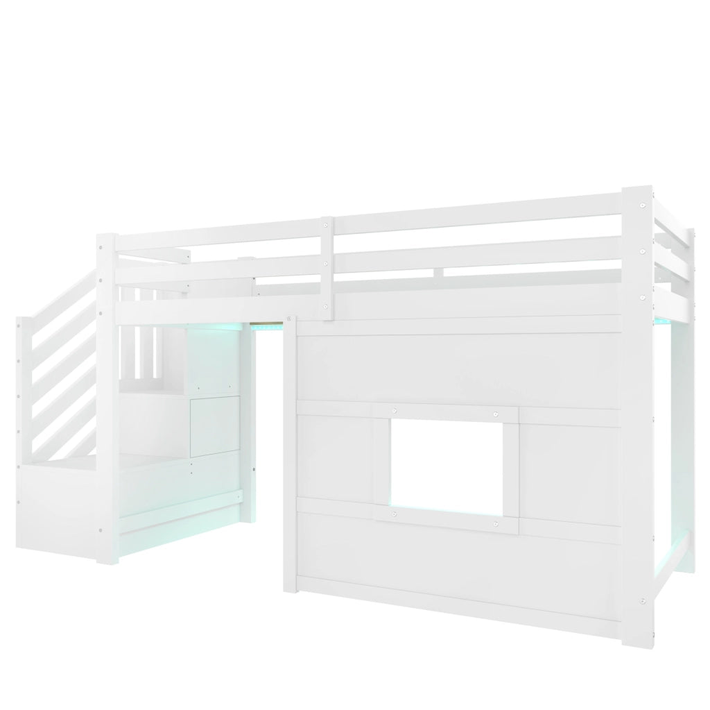 Letto a soppalco 90x200 cm in legno di pino con scala contenitore e finestra, bianco