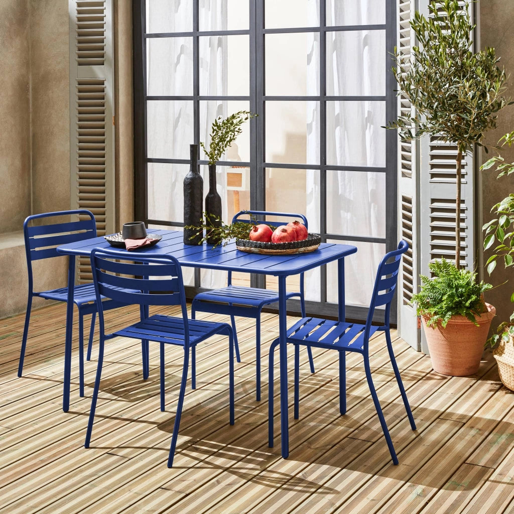 Set tavolo da giardino bistrot in metallo con 4 sedie, 120cm, blu