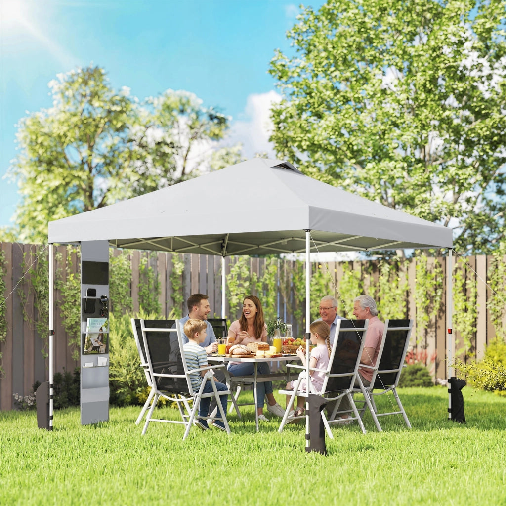 Gazebo Pieghevole 3x3 m Pop Up da Giardino in Metallo e Tessuto Oxford Bianco Resistente con Sacchi di Sabbia