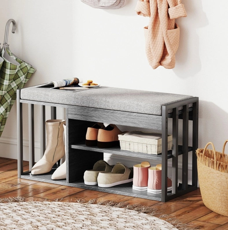 Panca Porta Scarpe con 3 Ripiani, Grigia, 86x30x45 cm, per Ingresso e Soggiorno