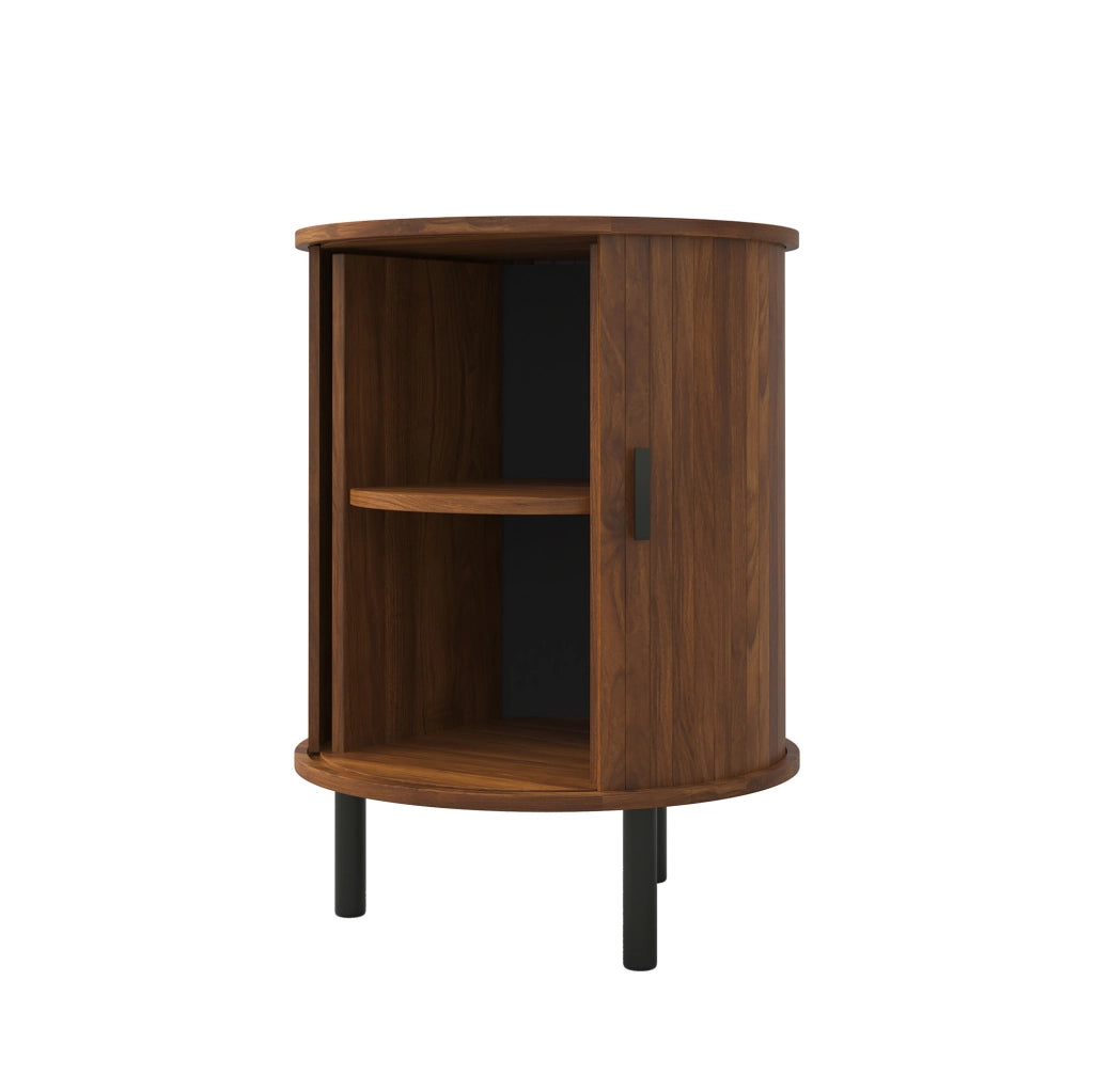 Comodino rotondo 48x48x65 cm con anta scorrevole in MDF e pannello truciolare color noce HOMVRA