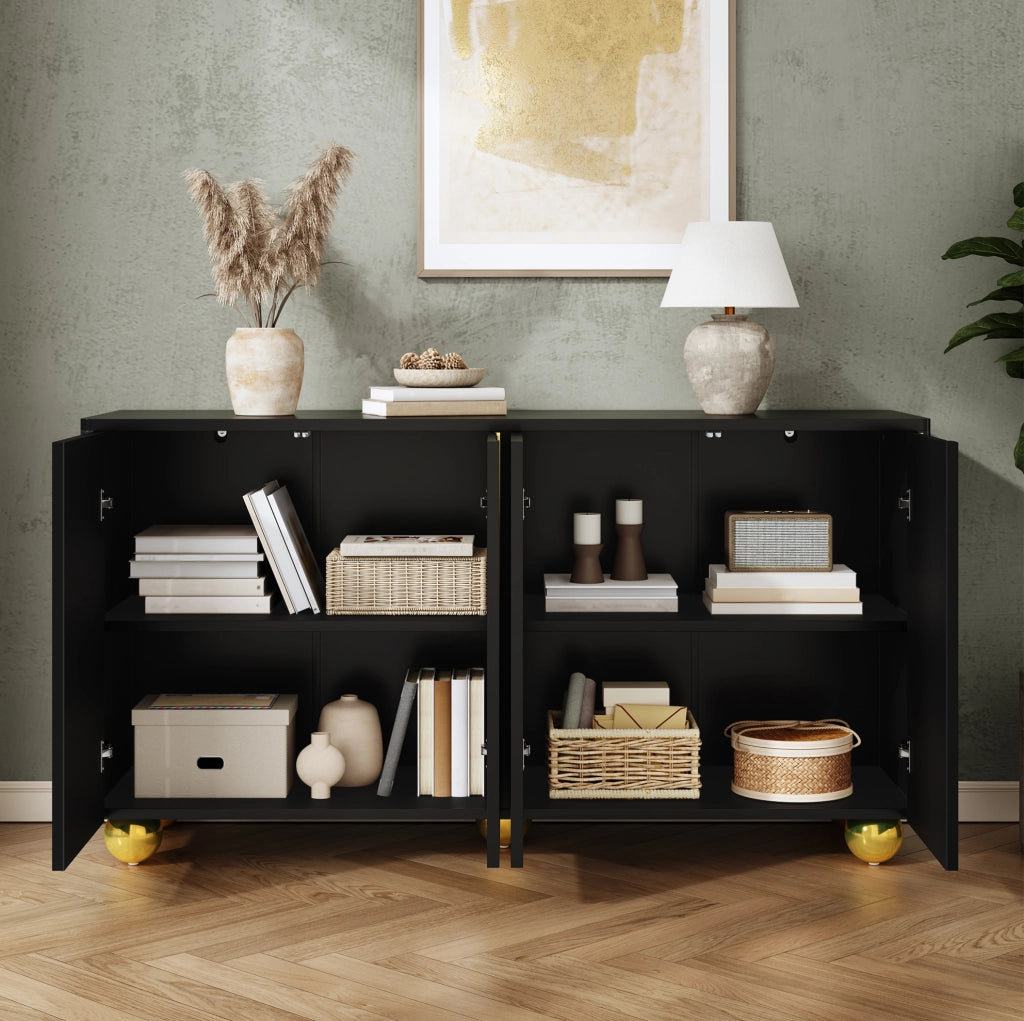 Sideboard 4 ante nero con decoro dorato, 140x40x74 cm