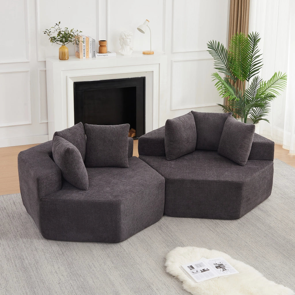 Poltrona pouf modulare esagonale con tre cuscini, seduta lounge in ciniglia grigia con schiuma e molle