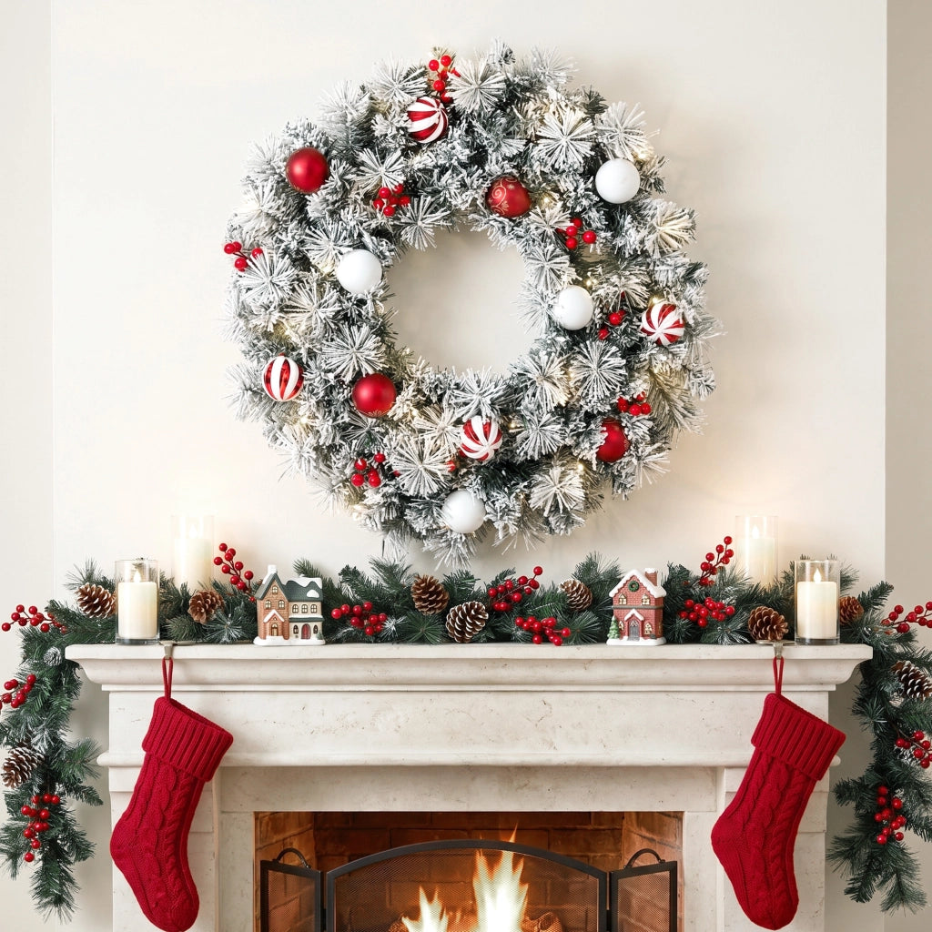 Couronne de Noël Lumineuse 60 cm Enneigée Floquée avec 50 LED, 15 Boules Décoratives, 140 Branches, 8 Modes, Vert