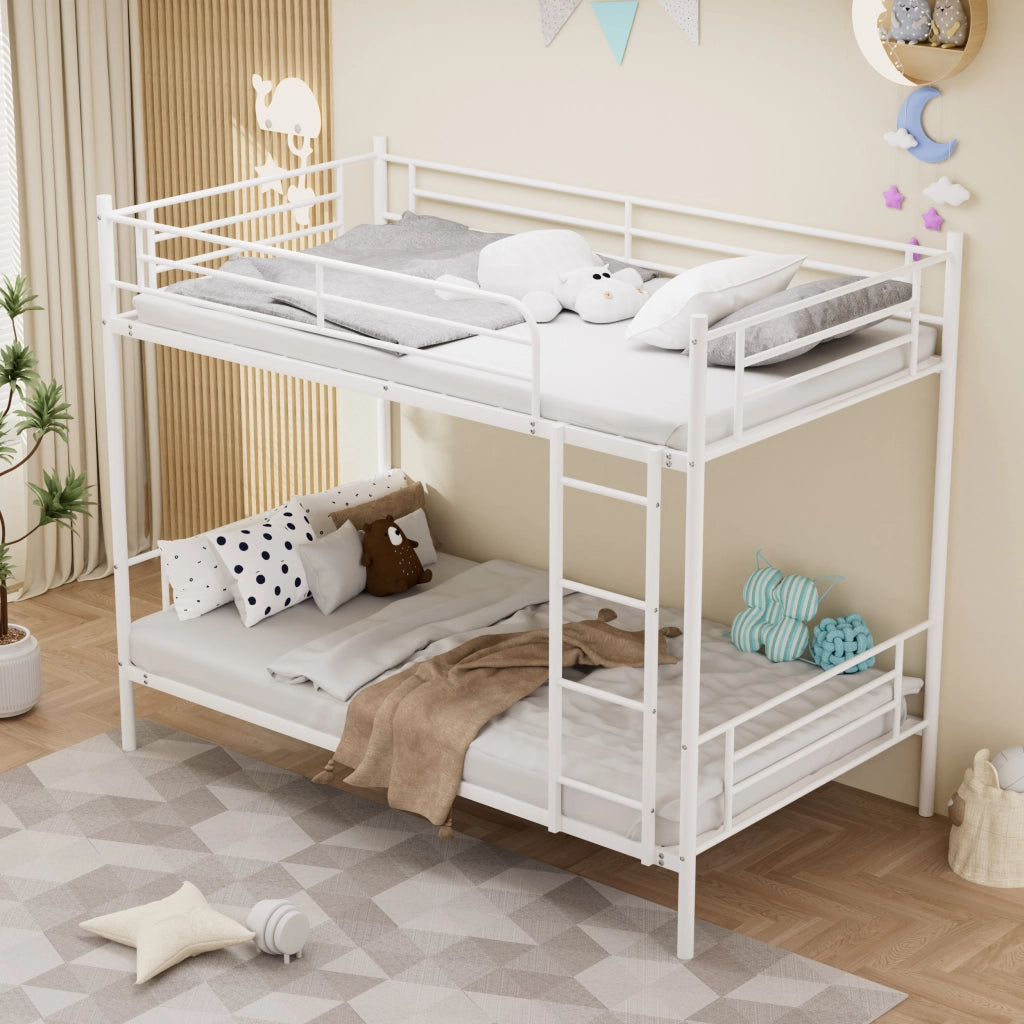 Letto a castello 90 × 190 cm 2 posti con scala e barriera anticaduta, senza materasso, acciaio bianco