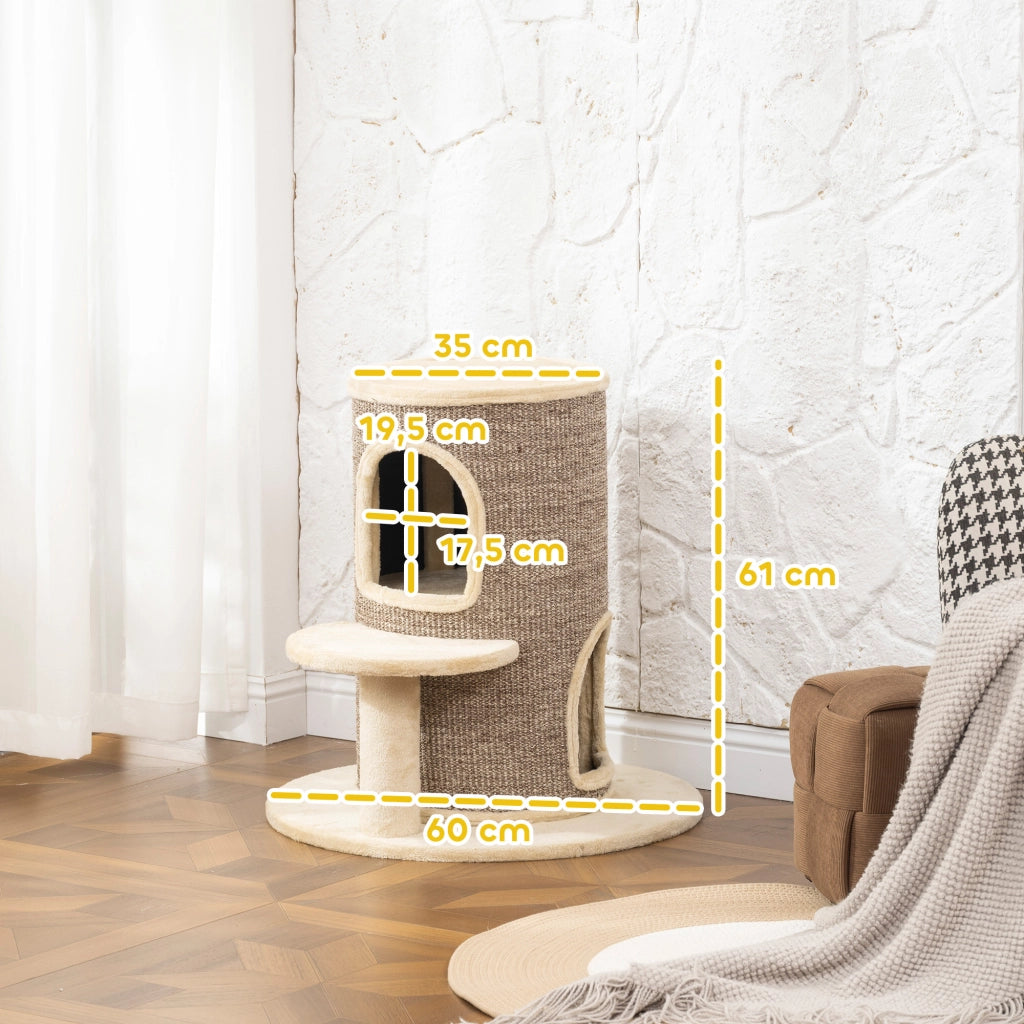 Torre per Gatti a 2 Livelli 60x60x61 cm con 2 Nascondigli Piattaforma Superficie in Sisal Beige e Marrone