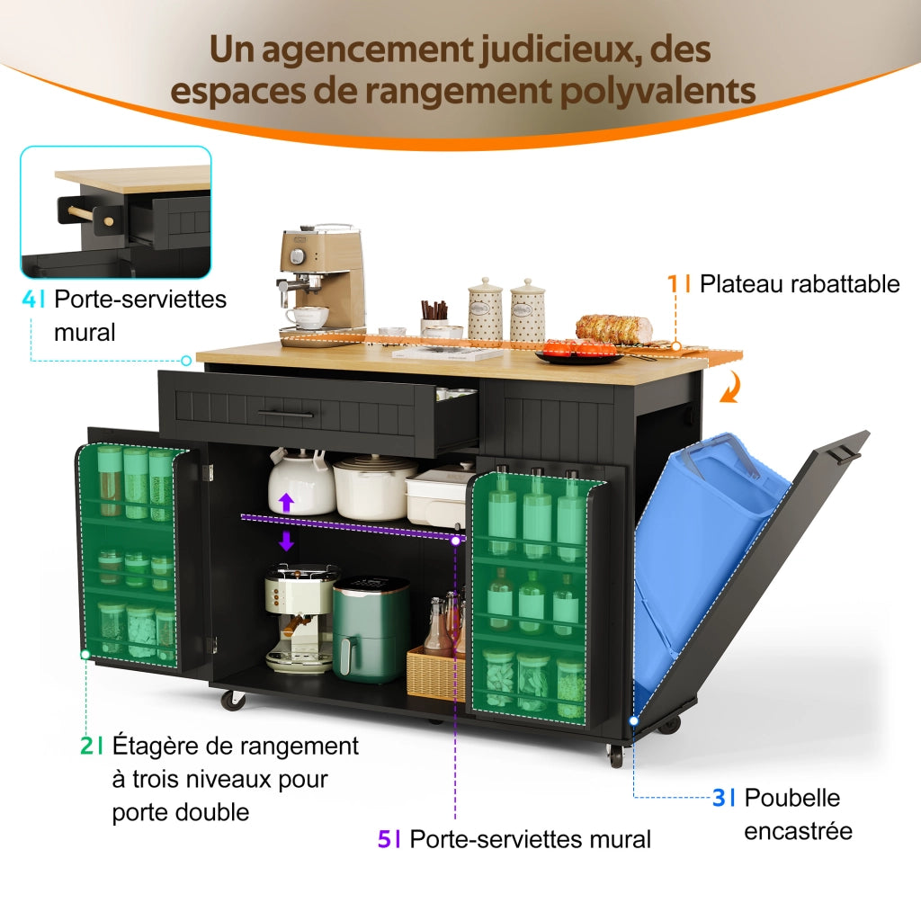 Mobile base da cucina con piano pieghevole; vano pattumiera; cassetto e ruote bloccabili nero 130 × 70 × 93 cm