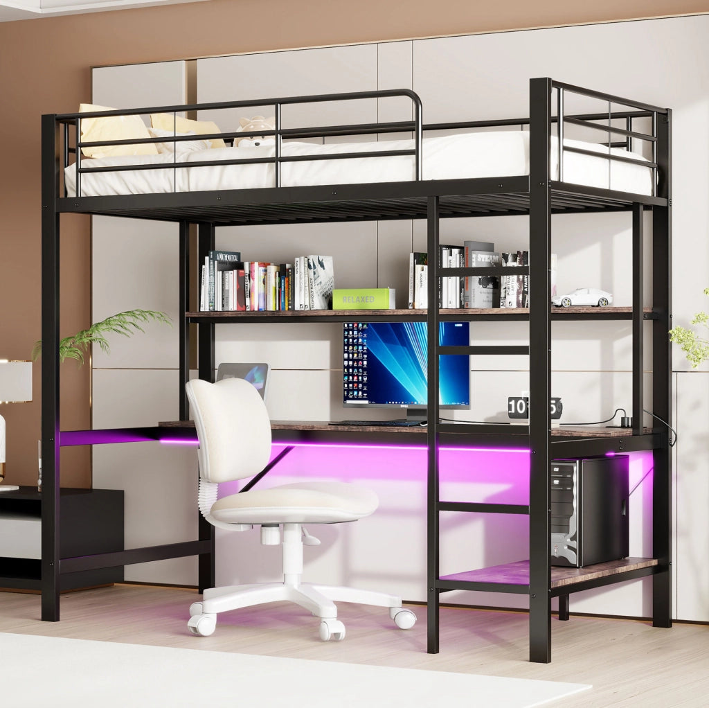 Letto a soppalco 90x200 cm con scrivania, LED e USB