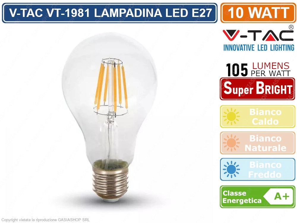 V-TAC VT-1981 LAMPADINA LED E27 10W BULB A60 GOCCIA FILAMENTO EXTRA LUNGO VETRO TRASPARENTE - Colore Luce:Bianco Naturale