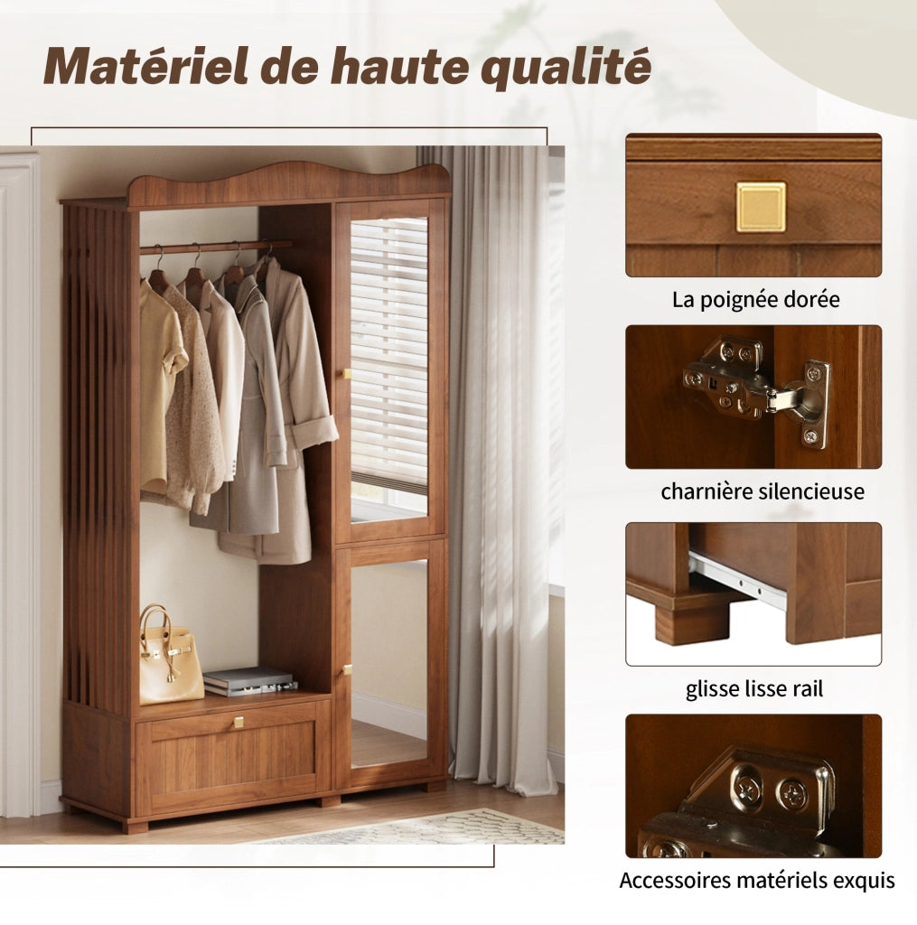 Garderobenschrank aus MDF in Nussbaum mit Ganzkörperspiegel und Offener Kleiderstange, 115,5x38,5x194,5 cm