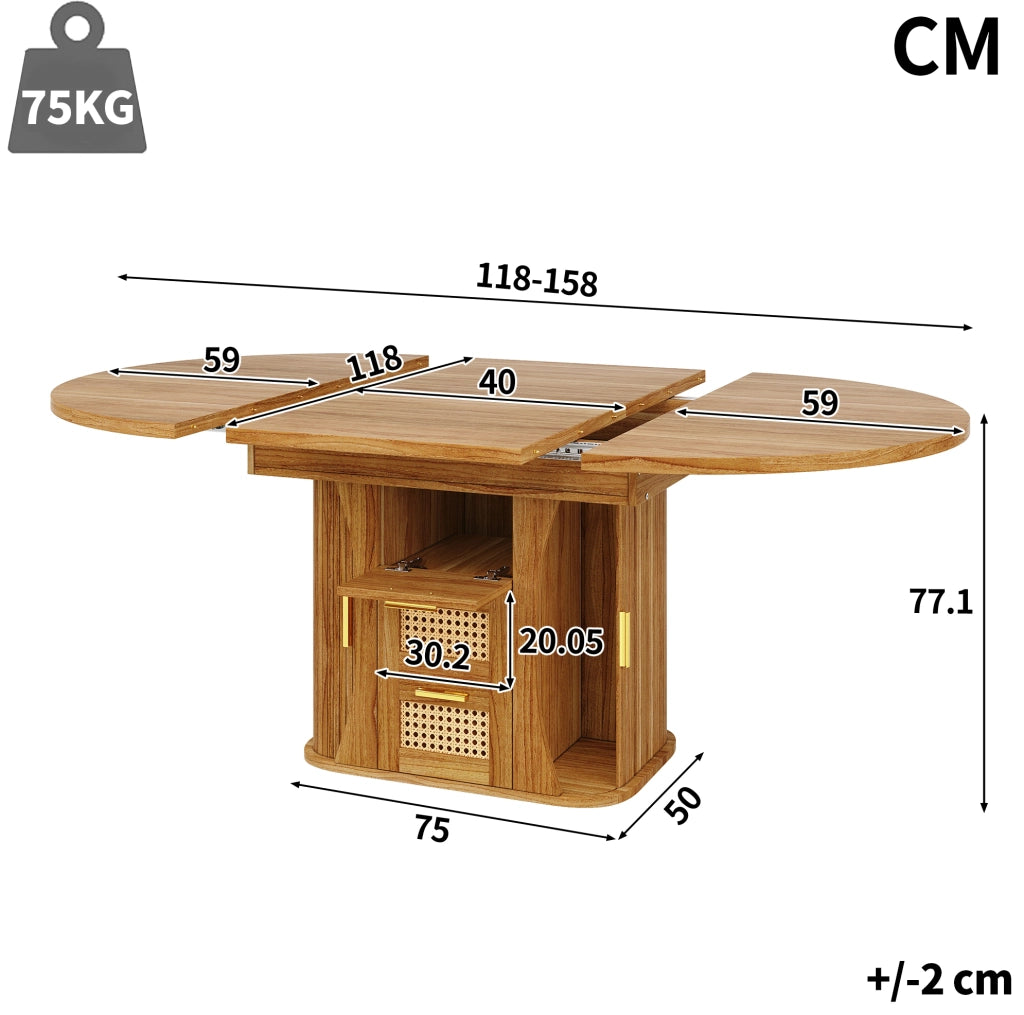 Tavolo da pranzo allungabile con cassetti in rattan, MDF effetto legno, 118-158 cm, nero/naturale/marrone
