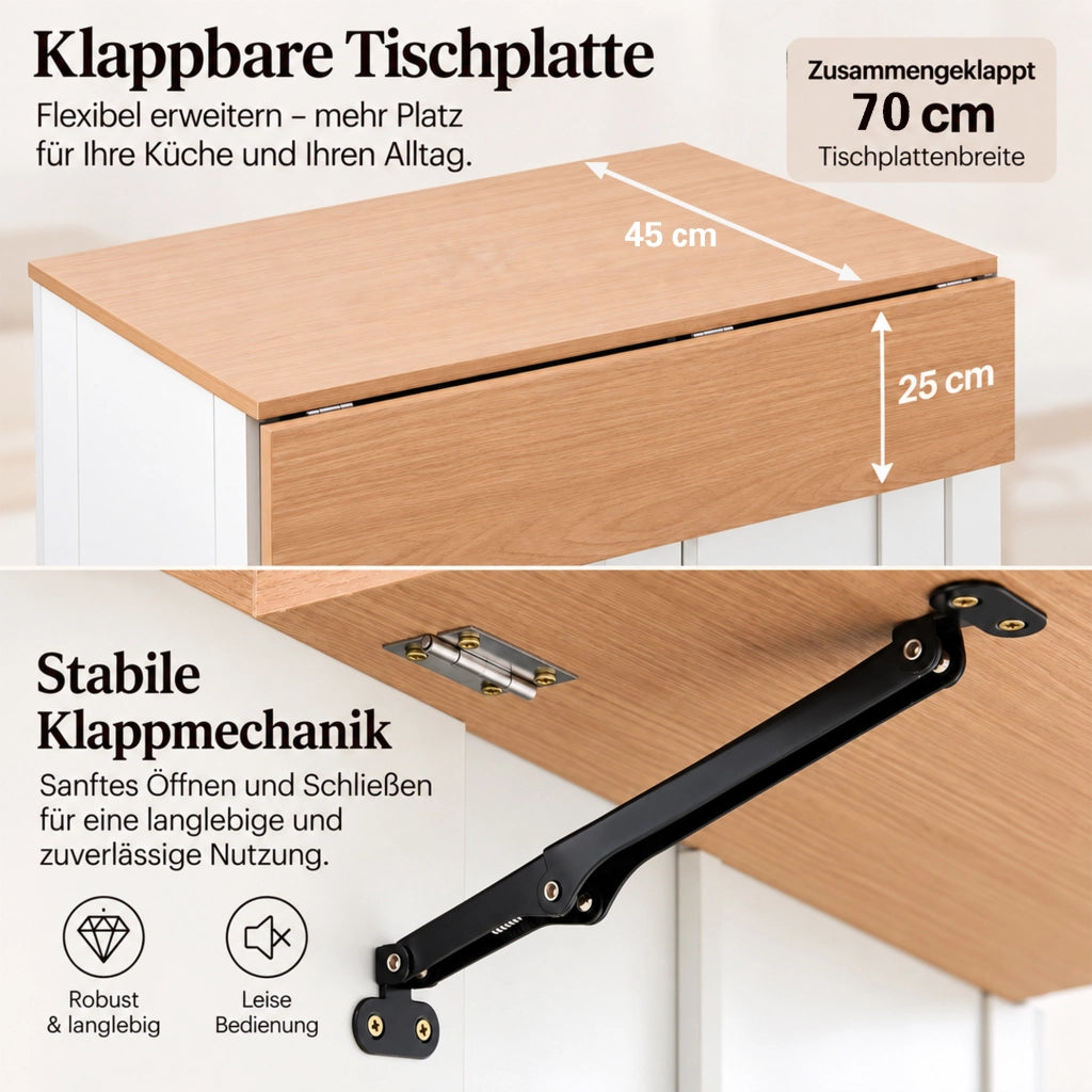 Mobile contenitore da cucina con piano pieghevole, vano pattumiera, 2 cassetti e ripiano estraibile, bianco e naturale