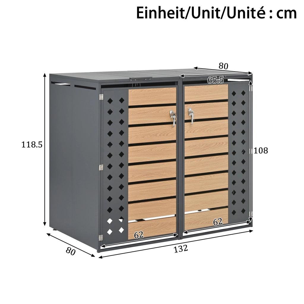 Copri bidoni a 2 scomparti con coperchio idraulico in acciaio zincato grigio effetto legno 132 × 80 × 118.5 cm