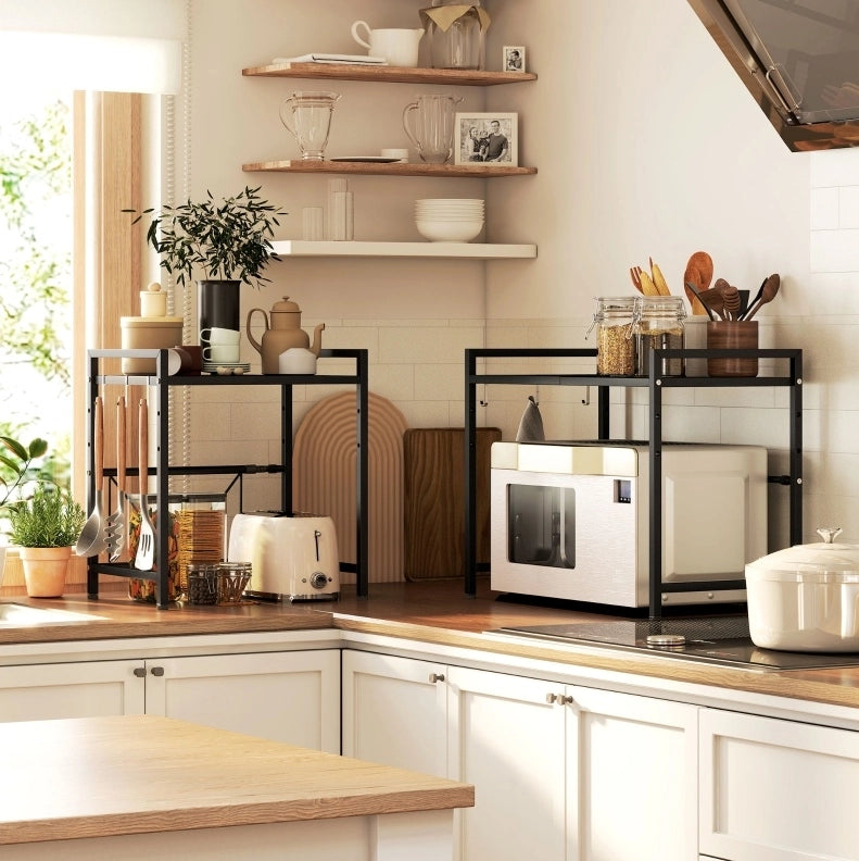 Mensola Estensibile per Microonde in Metallo Nero con 3 Ganci, Supporto da Cucina 39,5-64 cm