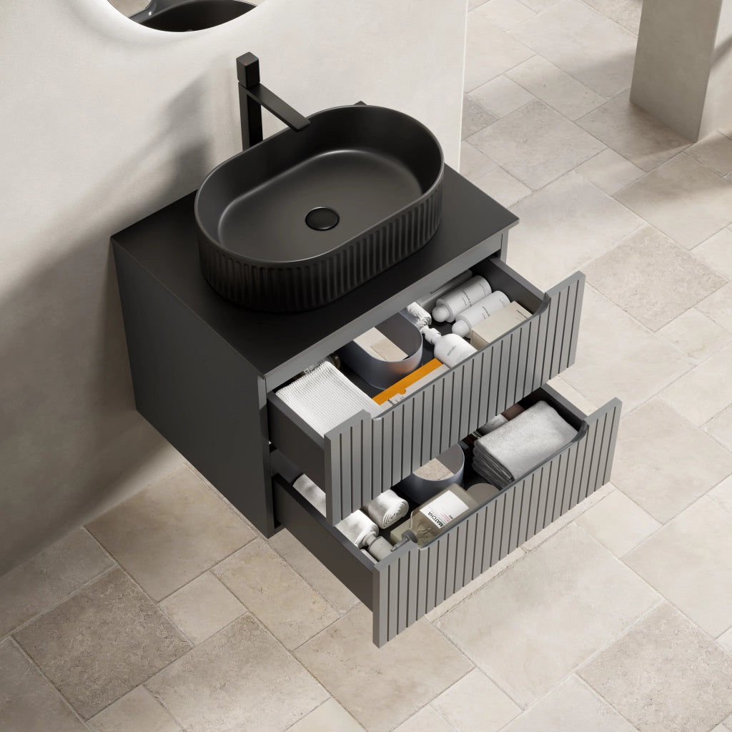 Mobile lavabo sospeso 60 cm, nero con lavandino ovale e piano in pietra sinterizzata, mobile in compensato striato con 2 cassetti, grigio scuro, preassemblato