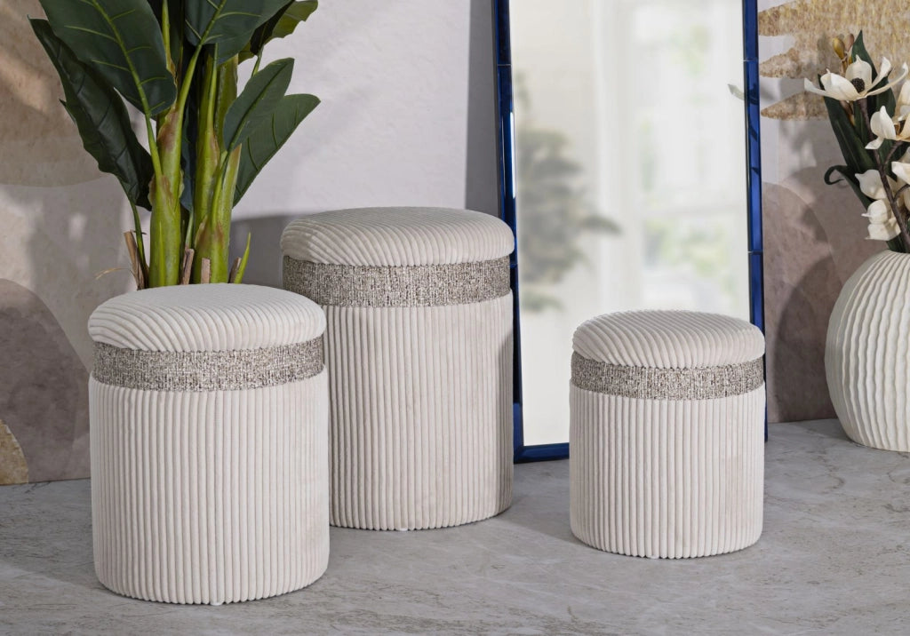 Puff con Contenitore Cortina Crema Set 3 Pz Ø40,5x49,5 cm - Ø35x42 cm - Ø31x38 cm in MDF e Spugna e Poliestere Crema