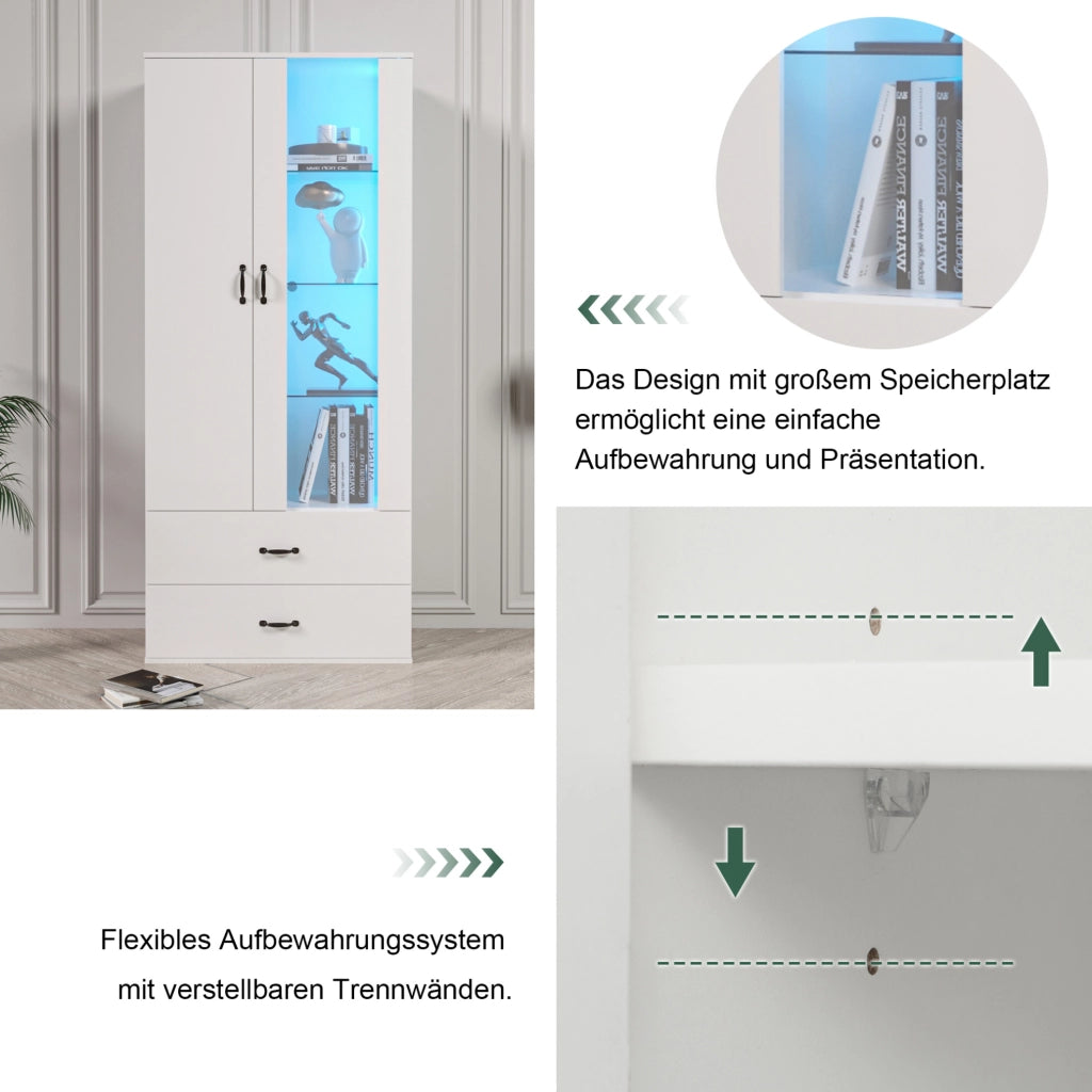 Vetrina libreria LED 59;5x35x182 cm con 2 ante e 2 cassetti in truciolare bianco