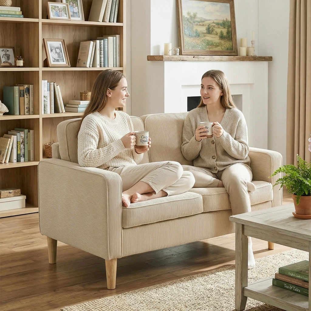 Divano 2 Posti con Tessuto e Cuscini ¨C Minimal ¨C Beige 117x63x79 cm