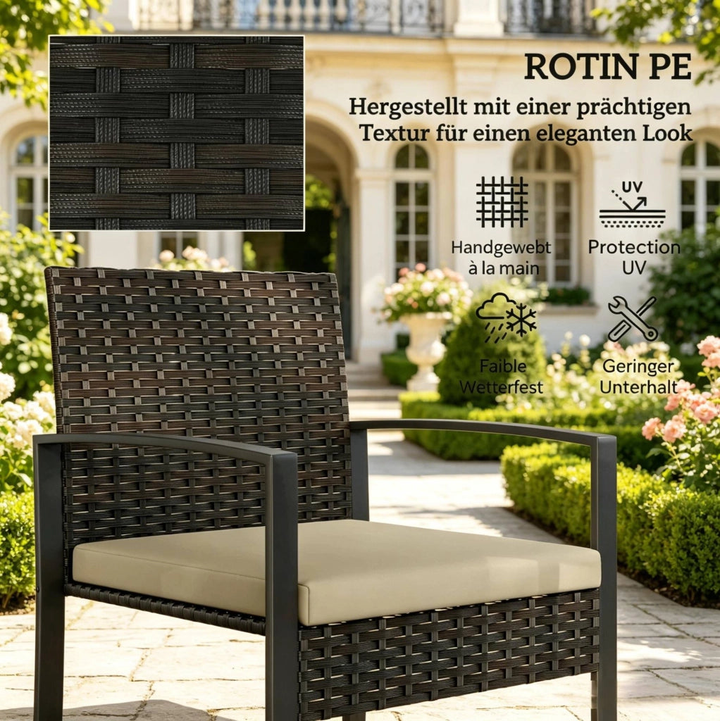 Set Mobili da Giardino Piccolo con 1 Tavolo e 2 Sedie in Rattan PE Marrone e Cuscini