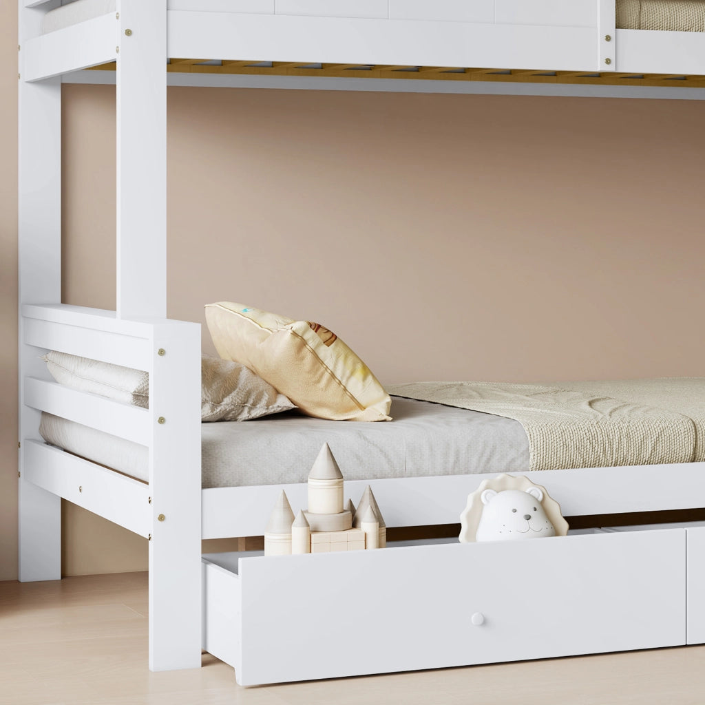 Letto a castello a casetta 90x200 e 120x200 cm con scivolo e 2 cassetti; bianco
