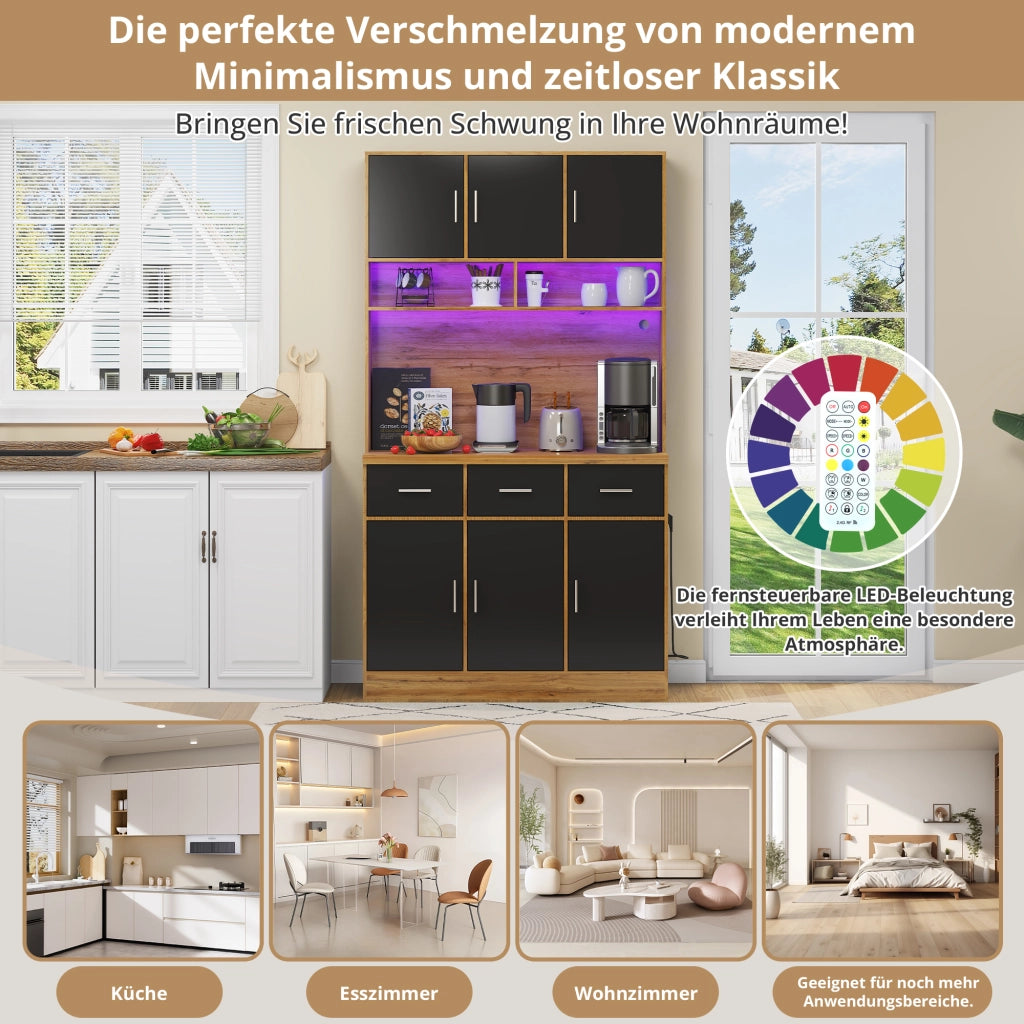Credenza da cucina alta LED con 6 ante, 3 cassetti e ripiani regolabili per cucina e sala da pranzo, 100 × 40 × 180 cm