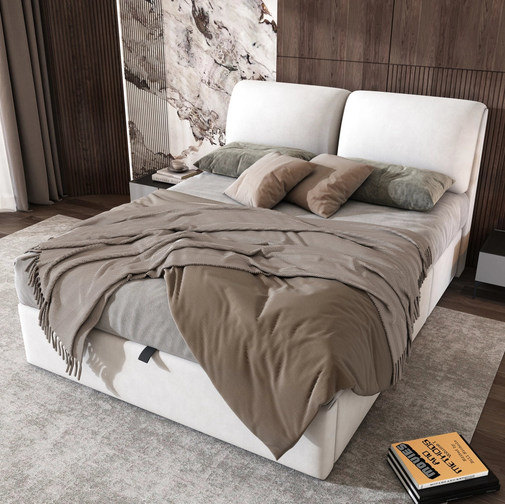 Letto imbottito 140x200 cm con contenitore; 3 cassetti; testiera; velluto beige