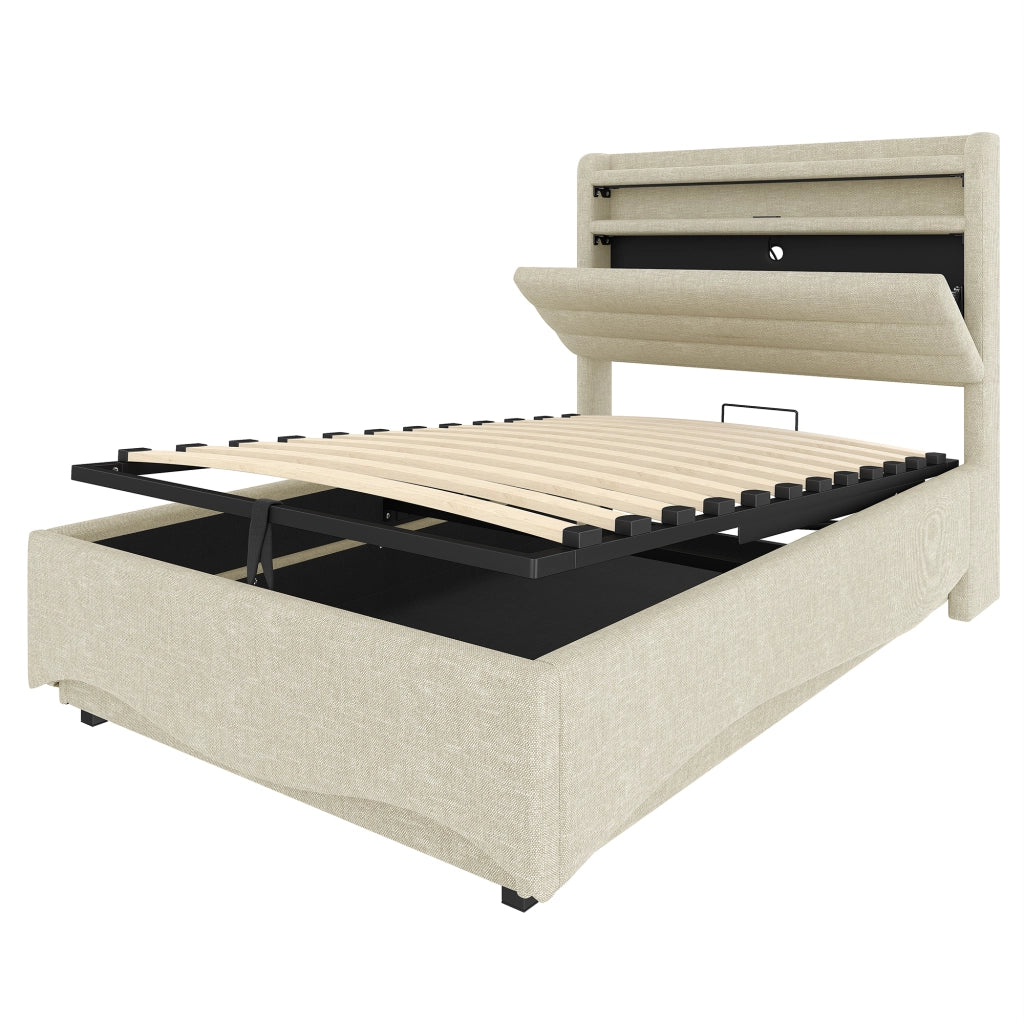 Letto contenitore singolo 90 × 200 cm con LED regolabile; sollevamento idraulico; USB e porta di tipo C; senza materasso