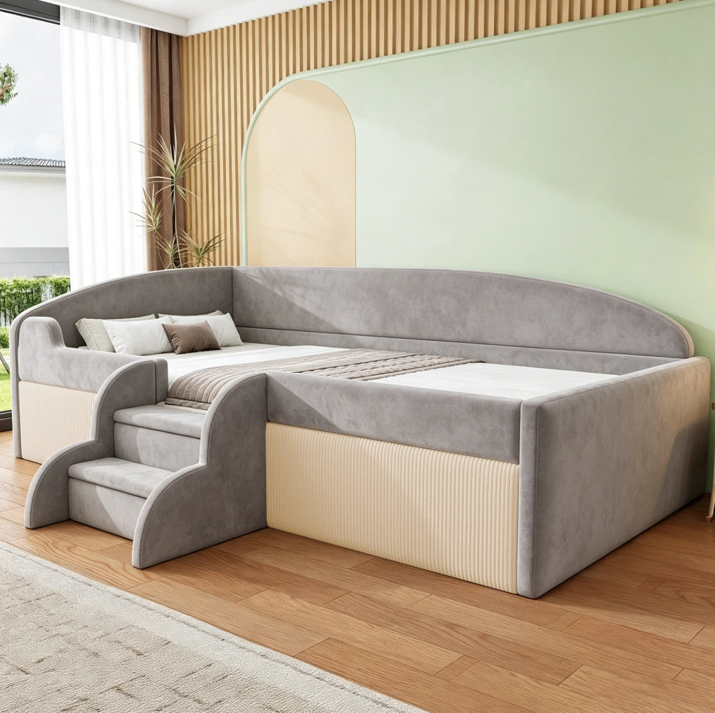 Letto imbottito per bambini 90x190 cm in tessuto vellutato anallergico con scale antiscivolo e protezioni laterali grigio