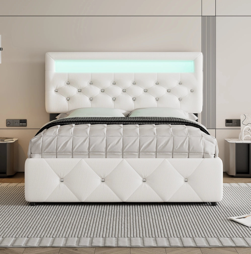 Letto matrimoniale imbottito 140x200 cm con letto estraibile, 2 cassetti e comodino con striscia luminosa, bianco