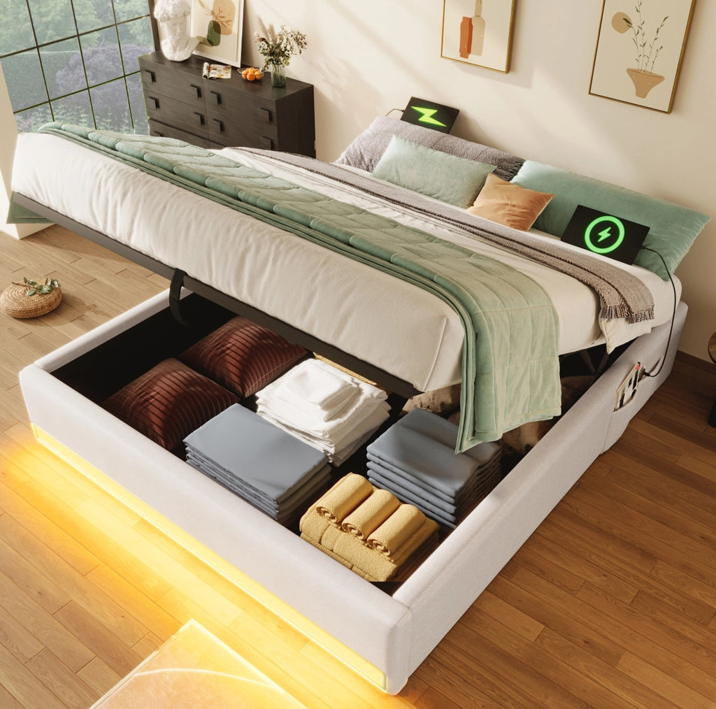 Letto imbottito 140x200 cm beige con LED, USB/Type-C e vano contenitore