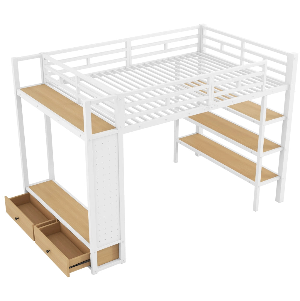 Letto a soppalco in metallo 140x200 cm con armadio aperto, scaffali, pannello forato e illuminazione LED bianco