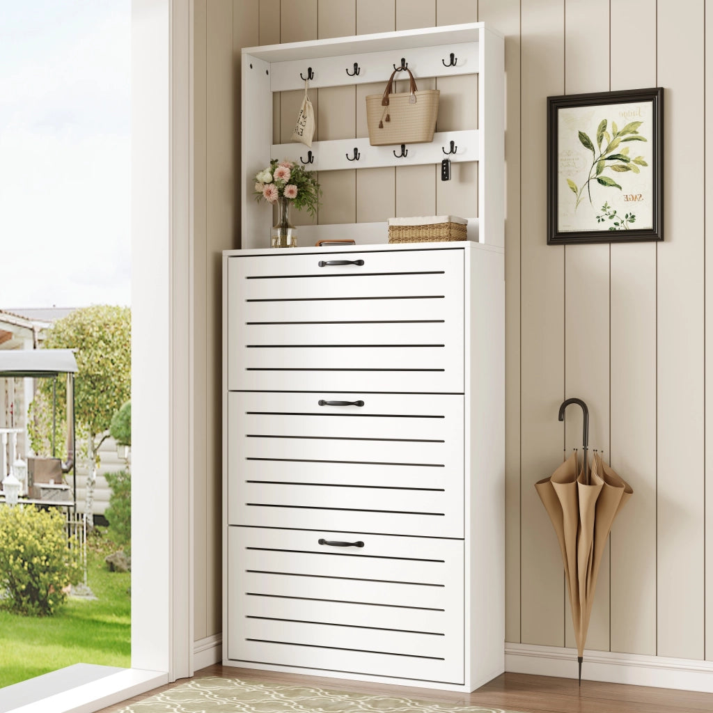 Scarpiera con 3 ripiani e 8 ganci per accessori, per ingresso e camera da letto, in truciolare bianco, 70 × 25 × 165 cm