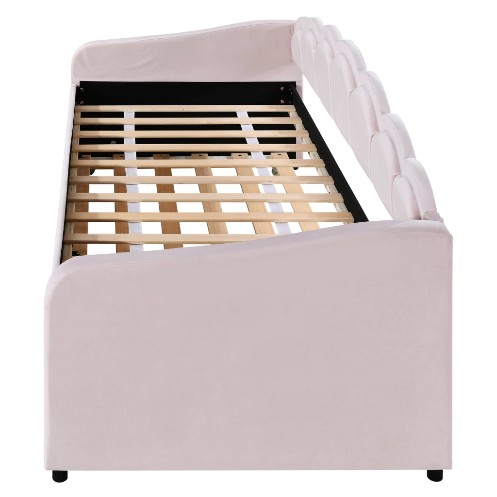 Letto estraibile singolo 90×200 cm con LED regolabile e rete; senza materasso; velluto; rosa