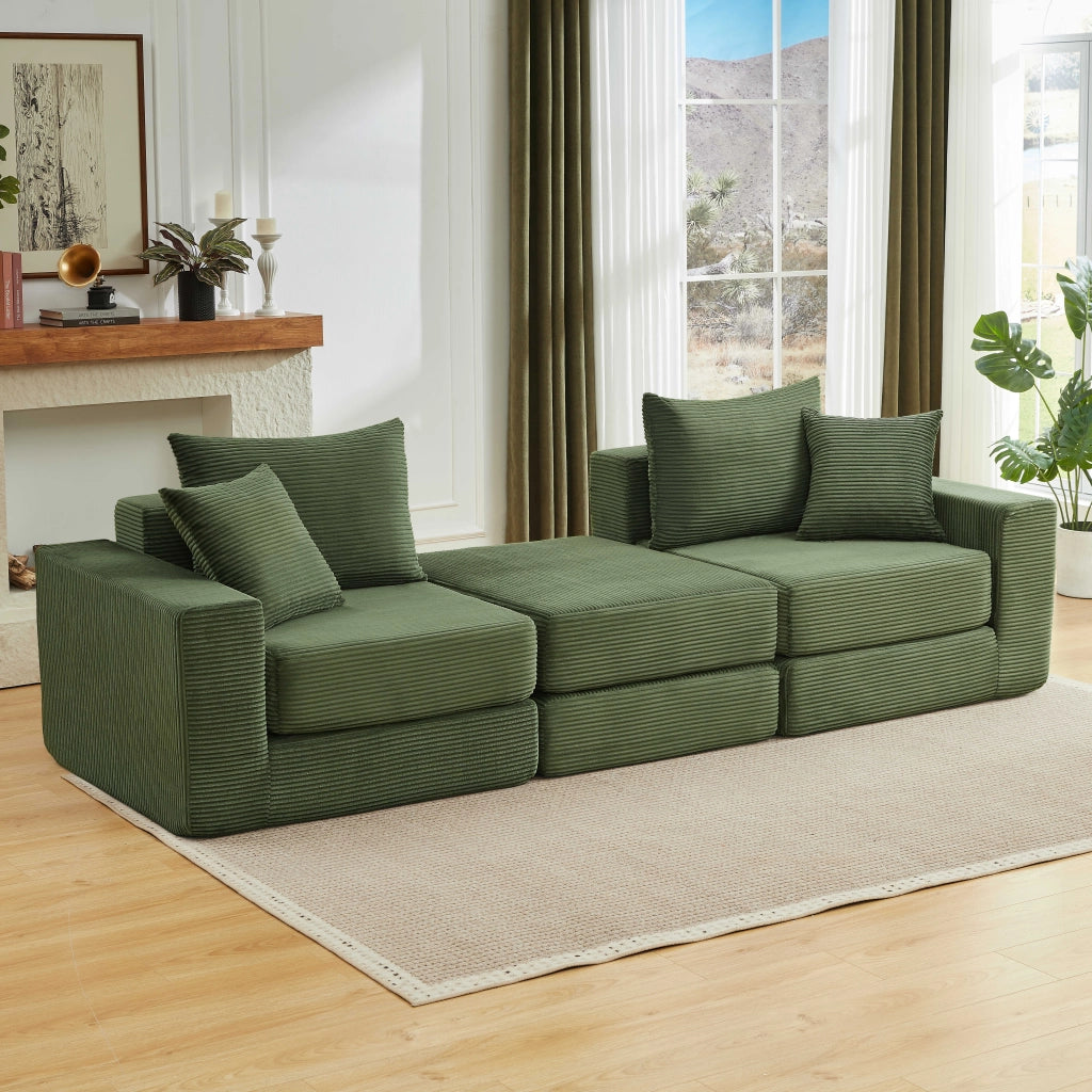 Divano modulare 3 sedili 259;5x96x80 cm senza telaio; base antiscivolo; rivestimento in schiuma e molle; Verde