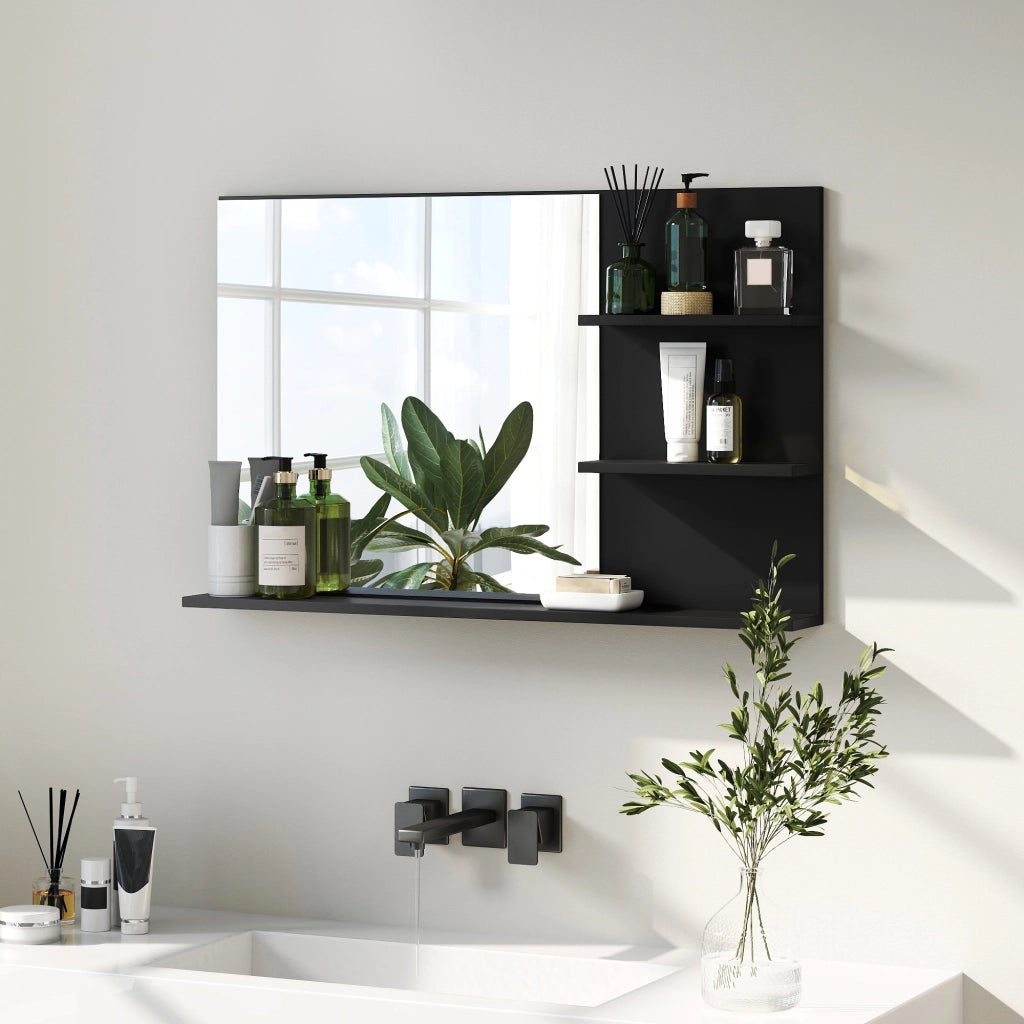 Specchio Bagno con Ripiani Laterali e Inferiore ¨C zephmum ¨C Legno Vetro Nero 75x10x48 cm