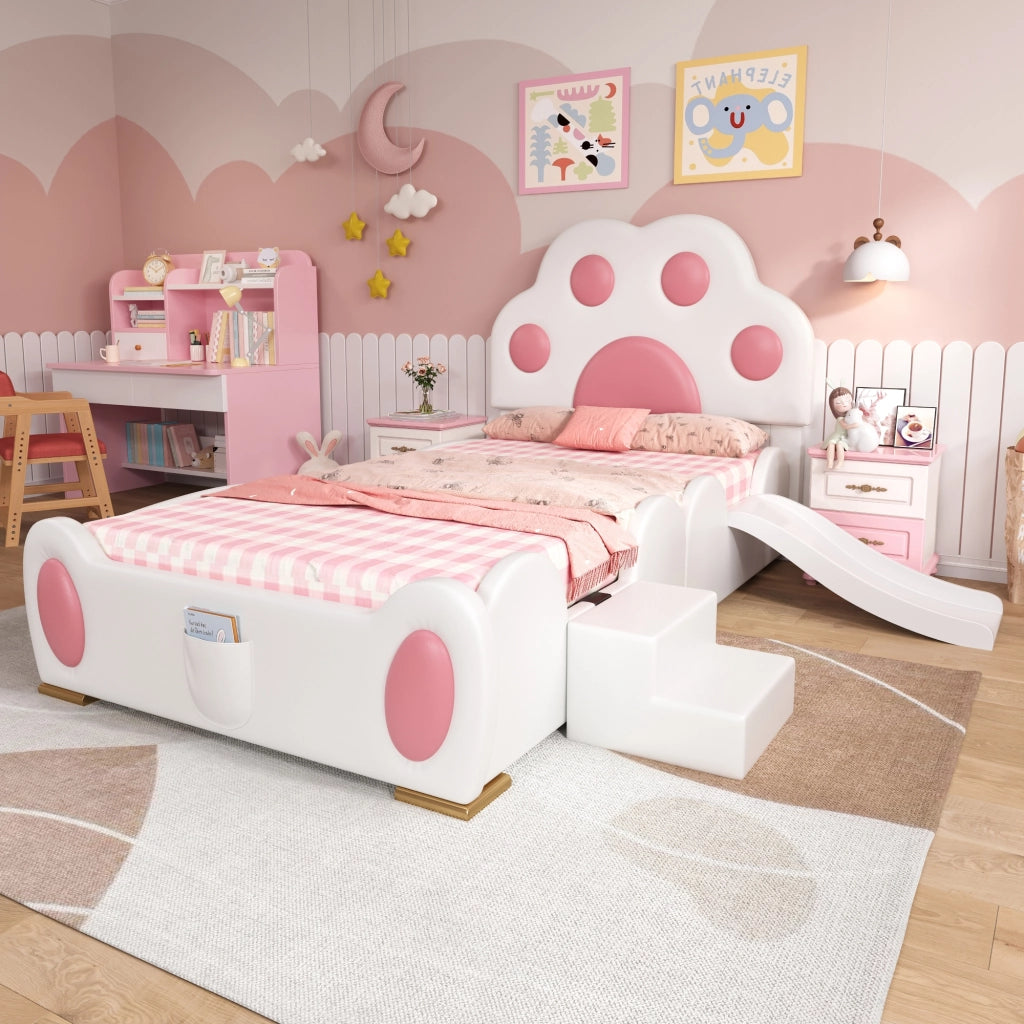 Letto imbottito per bambini con scivolo e scala; 90x200 cm; in PU bianco e rosa