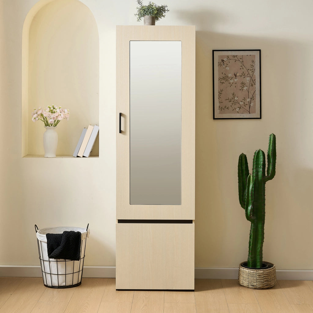Armadio Guardaroba Stretto con Specchio e Asta Appendiabiti Estraibile in Metallo; Mobile Ingresso Salvaspazio in MDF; 54x34.5x179.5 cm; Colore Legno