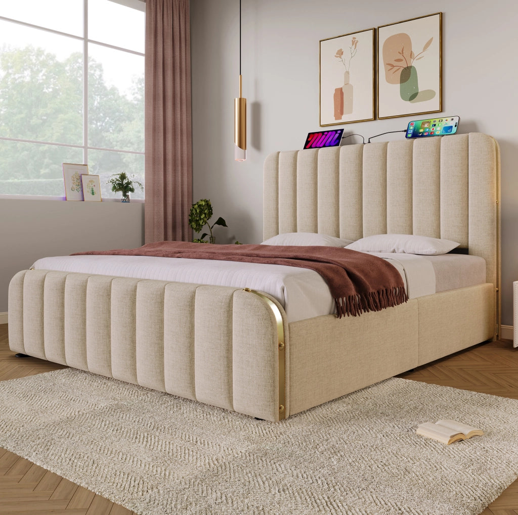 Letto imbottito contenitore 140x200 cm con USB e Type-C; beige