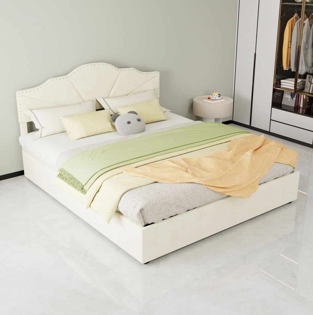 Letto moderno minimalista 160x200 cm beige con testiera imbottita e struttura contenitore con pistone pneumatico, materasso incluso