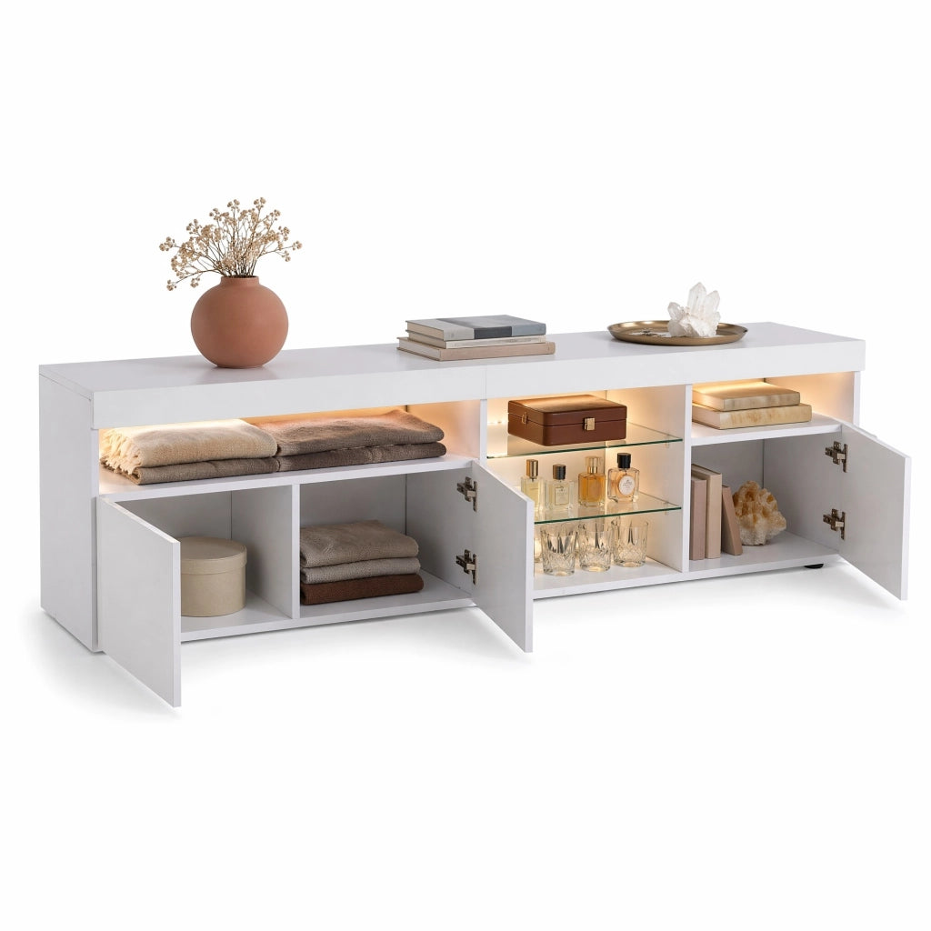 Mobile TV moderno 180 cm con illuminazione LED variabile in MDF bianco
