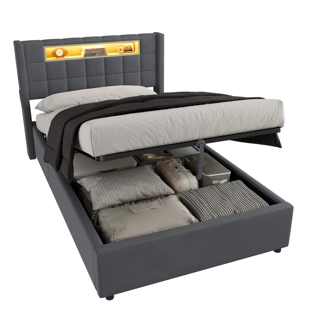 LETTO Imbottito con contenitore idraulico, LED e 2 USB + Type-C 90 x 200 cm Grigio Scuro
