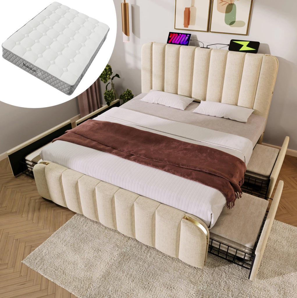 Letto matrimoniale imbottito 160x200 cm in lino beige con 4 cassetti; USB e Type-C