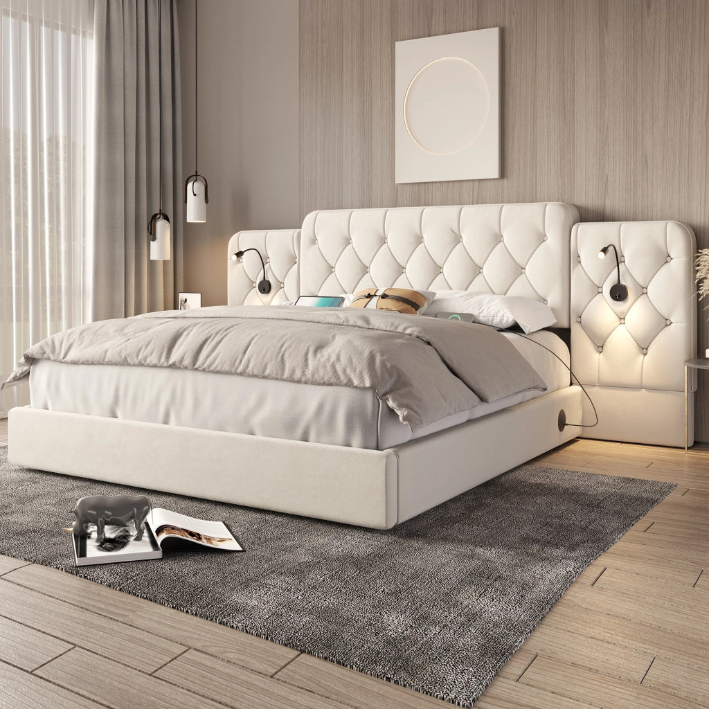 Letto matrimoniale contenitore 160 × 200 cm 2 posti con luci, USB e sollevamento idraulico, senza materasso, beige